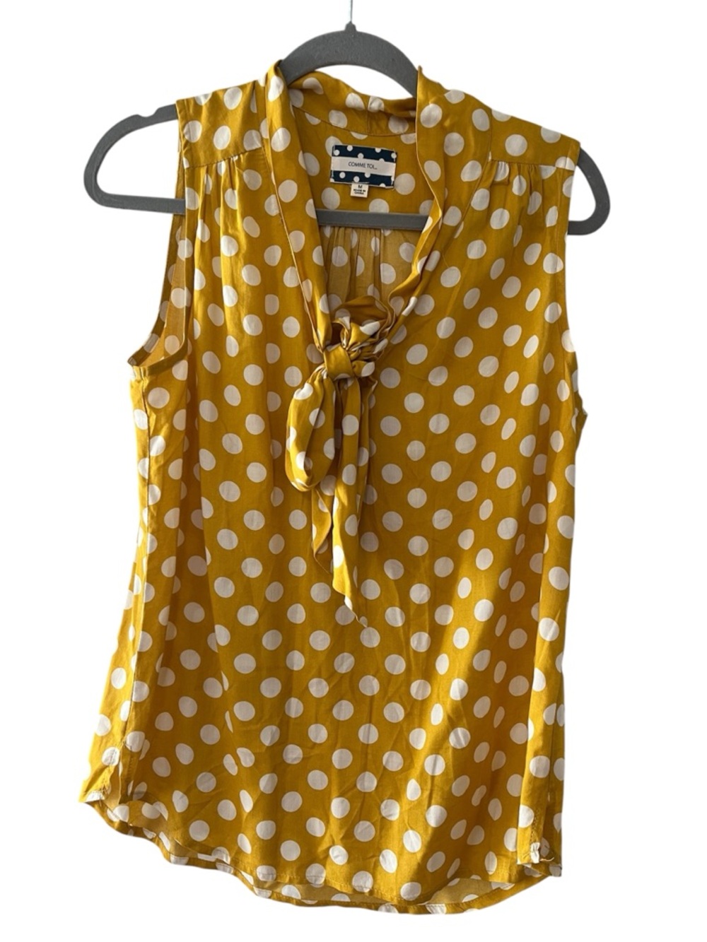 ANTHROPOLOGIE Comme Toi Polka Dot Tie-Neck Sleeveless Blouse - Mustard Yellow